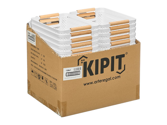 KIPIT Cesta de Plástico con Asa de Bambú Blanca 27,5x18cm