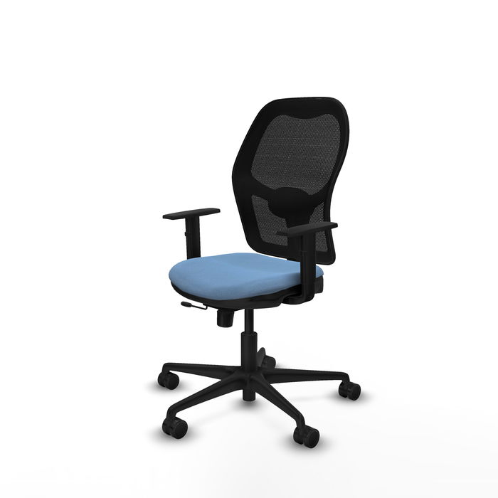 Silla de oficina Jorquera con mecanismo Sincro/Traslack tapizada con Tela color Azul cielo y malla color Negro. Equipada con lumbar 1D, Brazos 1D y Ruedas 65mm nailon Silla de oficina Jorquera con mecanismo Sincro/Traslack tapizada con Tela color Azul cielo y malla color Negro. Equipada con lumbar 1D, Brazos 1D y Ruedas 65mm nailon