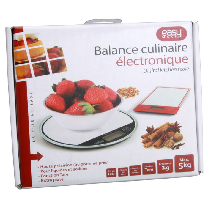 Easy Make Balanza Digital Delgada Cristal Peso Máximo 5 Kg Botón Tara Colores y Formas Surtidos
