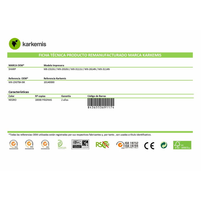 Karkemis Cartucho de Tóner MX-23GTBA BK Negro 18.000 Páginas
