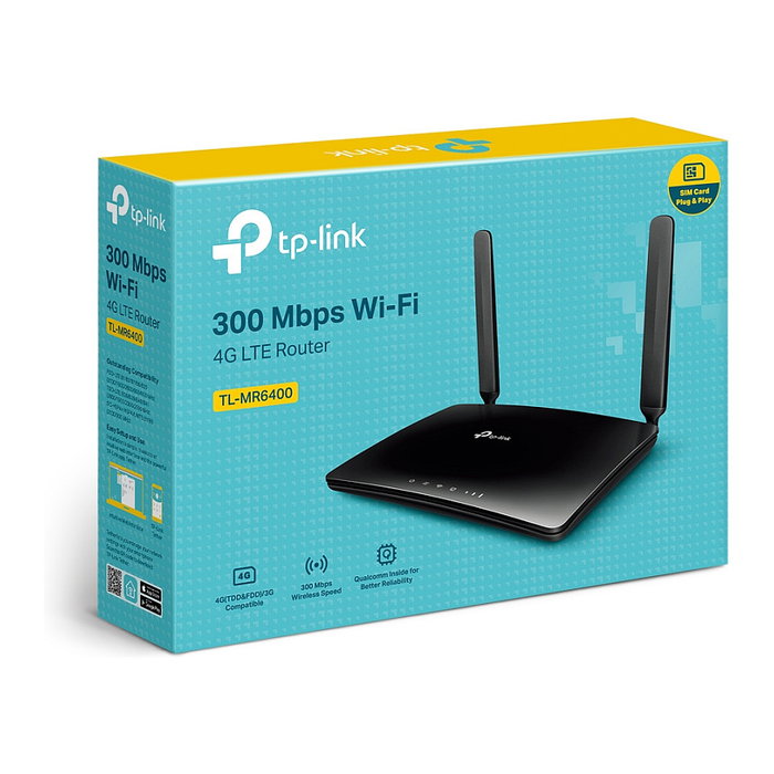 TP-Link TL-MR6400 Router 4G LTE Wi-Fi 300 Mbit/s Negro con 4 Puertos LAN, WAN y Ranura Nano SIM, Banda Unica 2.4 GHz, Wi-Fi 4 (802.11n), Compatible con 3G