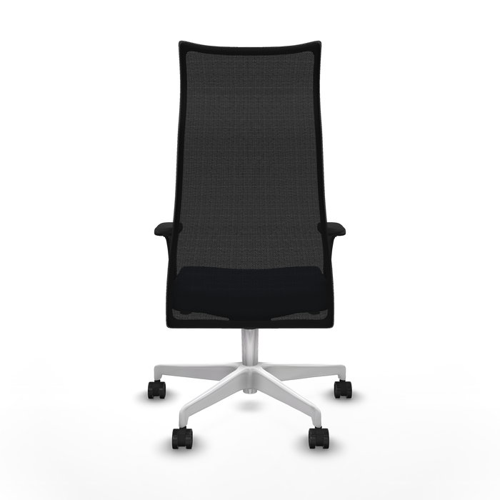 Sillón Albacete con mecanismo Sincro tapizada con Similpiel color Azul marino y malla color Negro. Equipado con Base poliamida blanca, Brazos 1D y Ruedas 65mm nailon