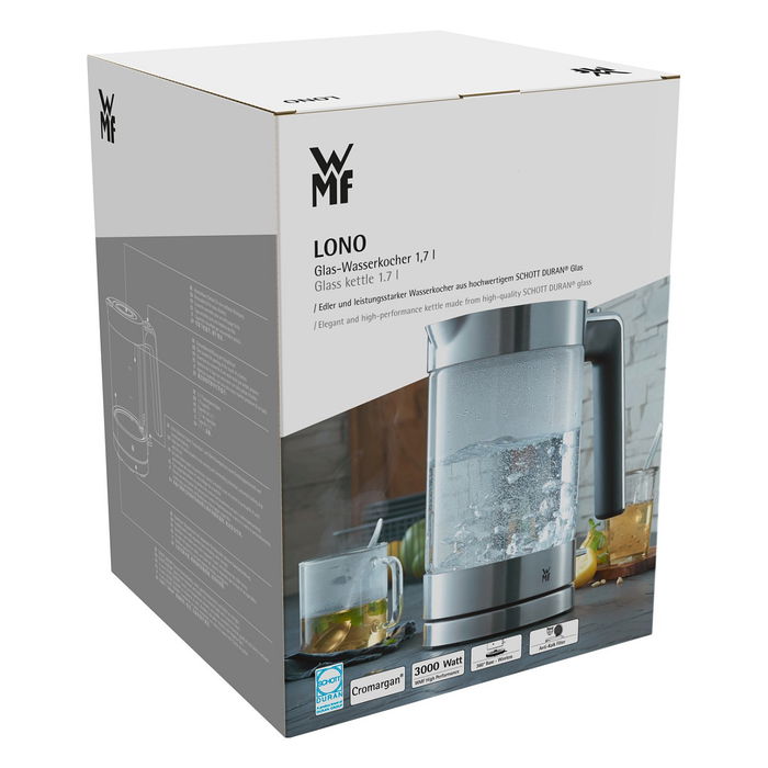 WMF Lono Wasserkocher 0413150011 Hervidor de Agua 1.7 L 3000 W Vidrio y Metal con Indicador de Nivel, Apagado Automático y Base 360°
