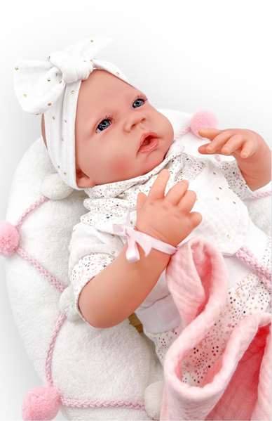 Berjuan Muñeca Reborn Traje Blanco Punto Estampado Mecanismo Real Almohada Lactancia 18301-24 50 cm
