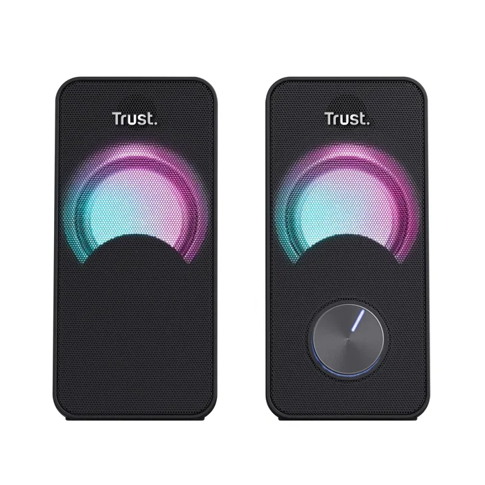 Trust Altavoces Arys 2.0 con Iluminación RGB LED, 12W Máximo (6W RMS), Plug & Play USB, para PC y Portátil, Color Negro, Modelo 23120