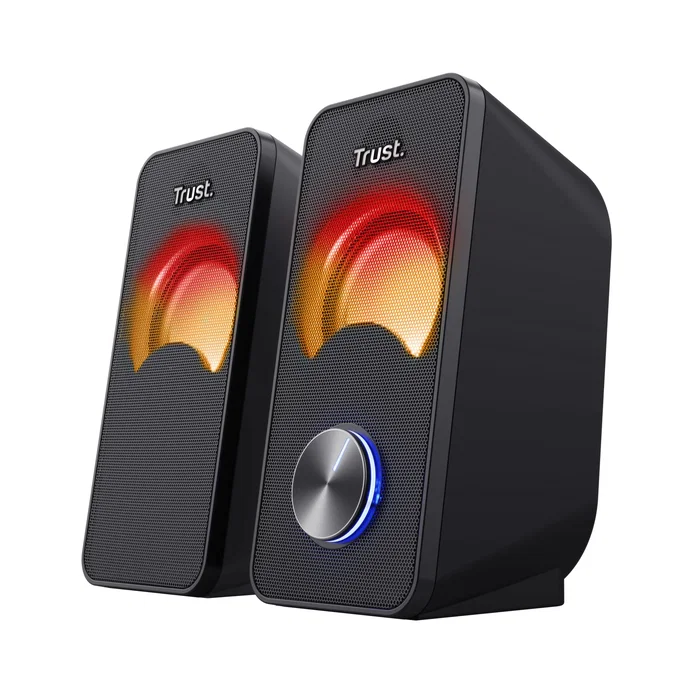 Trust Altavoces Arys 2.0 con Iluminación RGB LED, 12W Máximo (6W RMS), Plug & Play USB, para PC y Portátil, Color Negro, Modelo 23120