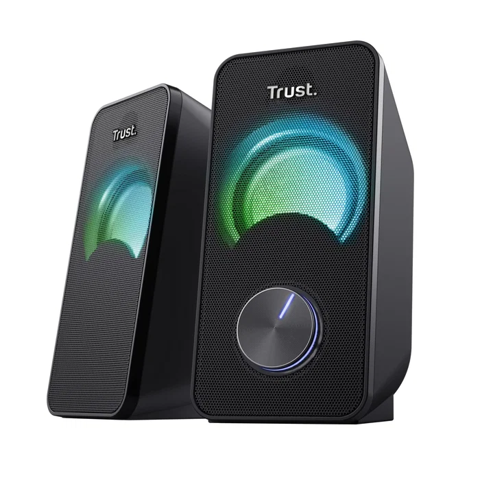 Trust Altavoces Arys 2.0 con Iluminación RGB LED, 12W Máximo (6W RMS), Plug & Play USB, para PC y Portátil, Color Negro, Modelo 23120