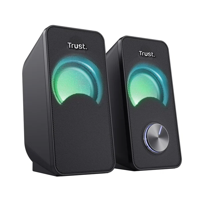 Trust Altavoces Arys 2.0 con Iluminación RGB LED, 12W Máximo (6W RMS), Plug & Play USB, para PC y Portátil, Color Negro, Modelo 23120