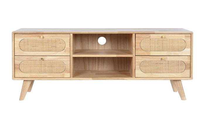 DKD Home Decor Mueble TV Scandi Natural 120 x 48 x 30 cm Rubberwood y Ratán