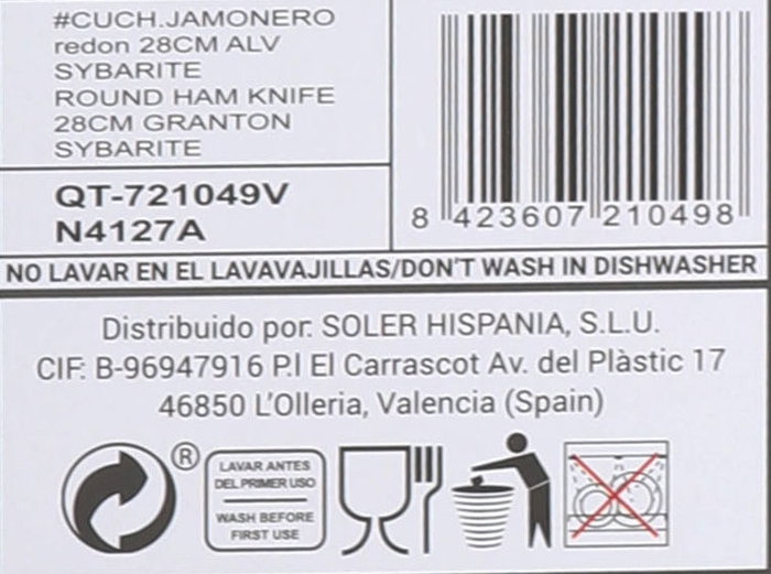 Quttin Cuchillo Jamonero Sybarite, Longitud 28 cm, Hoja de Acero Inoxidable, Con Alveolo (8 Unidades)