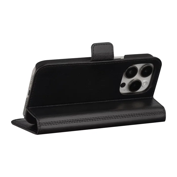 Dbramante1928 Copenhagen Funda Folio para Apple iPhone 15 Pro - Negro, Cuero de Grano Entero, con 3 Bolsillos para Tarjetas, Resistente al Polvo y Rayones