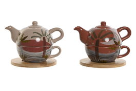 DKD Home Decor Tetera Boho Colección Calima 2023 Terracota Beige Dolomita Set 2 Piezas 750ml Apto Microondas y Lavavajillas 13 x 15 x 18 cm