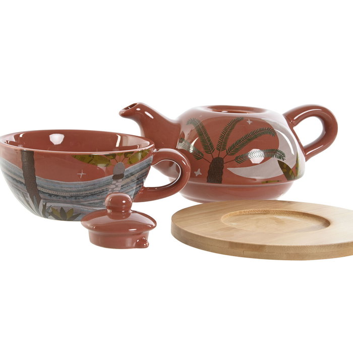 DKD Home Decor Tetera Boho Colección Calima 2023 Terracota Beige Dolomita Set 2 Piezas 750ml Apto Microondas y Lavavajillas 13 x 15 x 18 cm