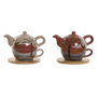 DKD Home Decor Tetera Boho Colección Calima 2023 Terracota Beige Dolomita Set 2 Piezas 750ml Apto Microondas y Lavavajillas 13 x 15 x 18 cm