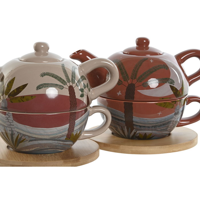 DKD Home Decor Tetera Boho Colección Calima 2023 Terracota Beige Dolomita Set 2 Piezas 750ml Apto Microondas y Lavavajillas 13 x 15 x 18 cm