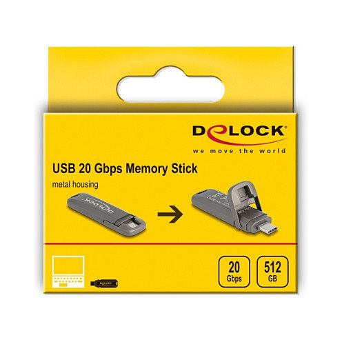 DeLOCK 54013 Memoria USB Tipo C 512 GB USB 3.2 Gen 2x2 20 Gbps Stick Aluminio, Lectura 1980 MB/s, Plug and Play, Sin Tapa, Gris