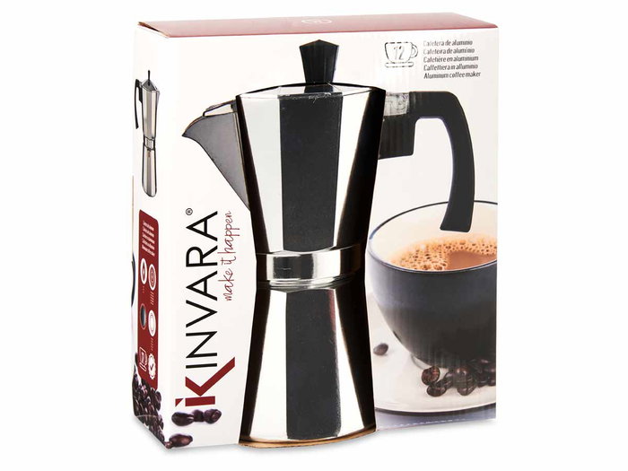 Kinvara Cafetera 12 Tazas Aluminio Plata 650 ml 13x25.5x21 cm Apta Gas Vitroceramica Electrica (Set de 12)