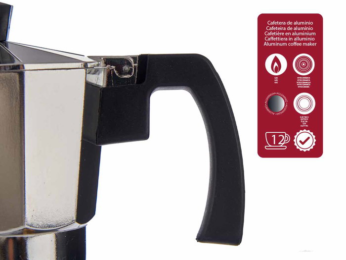Kinvara Cafetera 12 Tazas Aluminio Plata 650 ml 13x25.5x21 cm Apta Gas Vitroceramica Electrica (Set de 12)