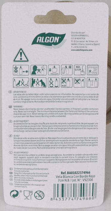 Algon Vela Blanca Con Borde Rojo 7 cm N.8 (36 Unidades)