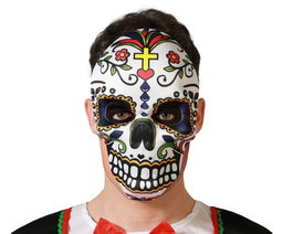 Atosa Máscara Calavera Blanca con Cruz y Detalles Florales Multicolor para Día de los Muertos
