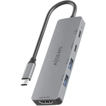 AISENS Adaptador USB-C 5 en 1: HDMI 4K@60Hz, 2xUSB-A, 1xUSB-C, 1xUSB-C PD 100W para Expansión de Portátil Gris