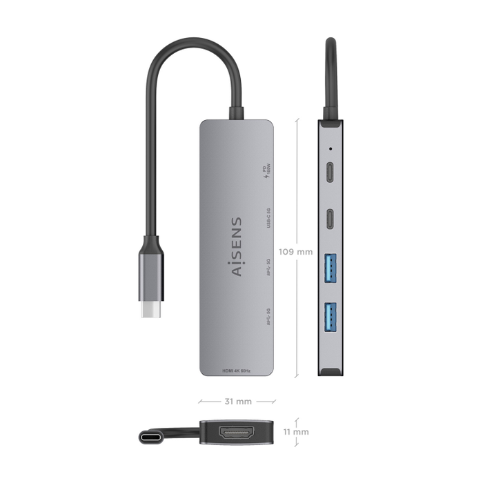 AISENS USB-C Dock 5 en 1 con HDMI 4K y PD 100W, Gris