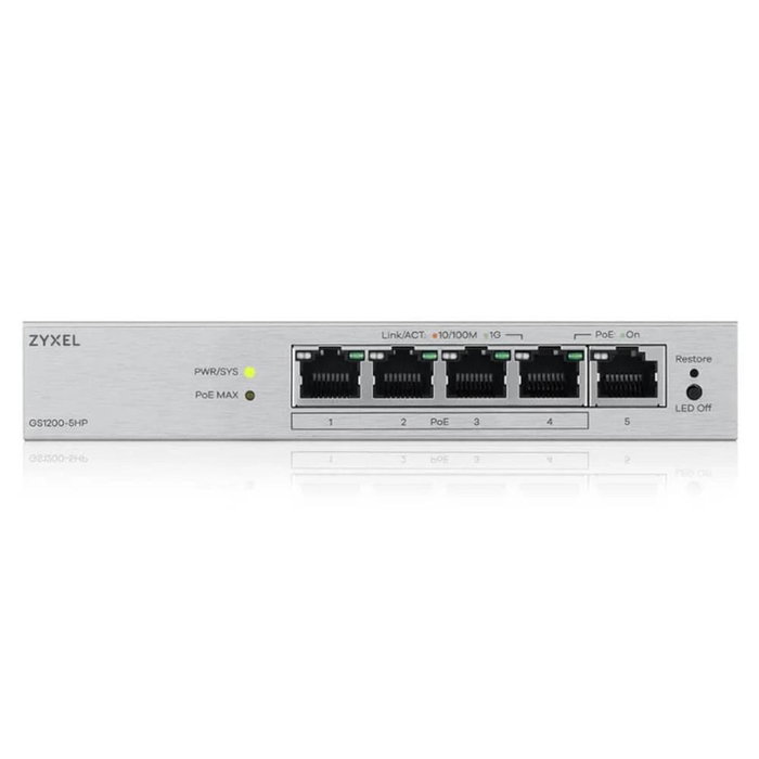 Zyxel GS1200-5HPv3 Switch de 5 Puertos Gigabit con 4 Puertos PoE+ Zyxel GS1200-5HPv3 Switch de 5 Puertos Gigabit con 4 Puertos PoE+