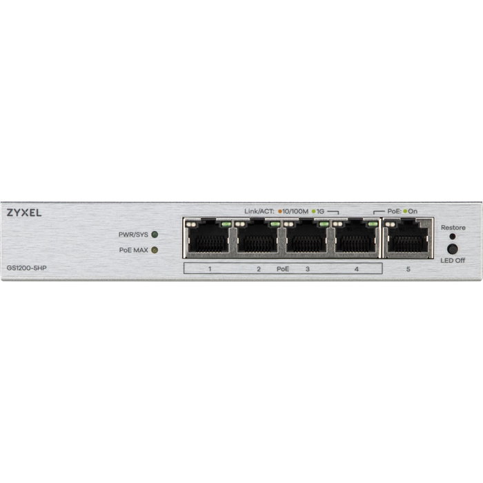 Zyxel GS1200-5HPv3 Switch 5 Puertos Gigabit con 4 PoE+ Zyxel GS1200-5HPv3 Switch 5 Puertos Gigabit con 4 PoE+