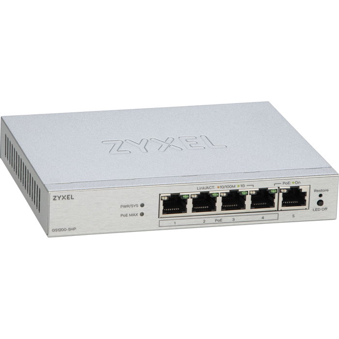 Zyxel GS1200-5HPv3 Switch 5 Puertos Gigabit con 4 PoE+ Zyxel GS1200-5HPv3 Switch 5 Puertos Gigabit con 4 PoE+