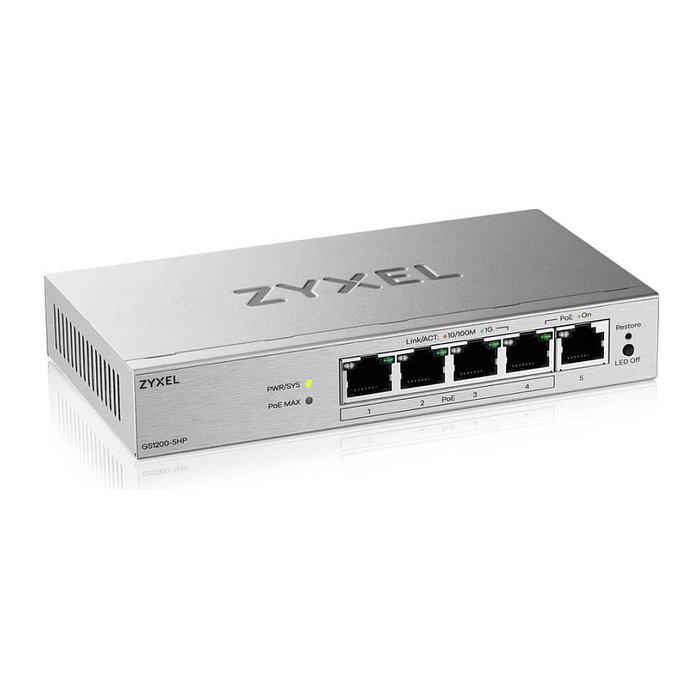 Zyxel GS1200-5HPV3 Switch Gestionado L2 5 Puertos Gigabit Ethernet PoE+ Web, 4 Puertos PoE, Escritorio, Gris