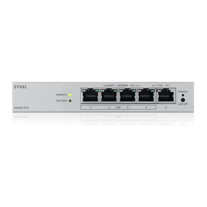 Zyxel GS1200-5HPV3 Switch Gestionado L2 5 Puertos Gigabit Ethernet PoE+ Web, 4 Puertos PoE, Escritorio, Gris