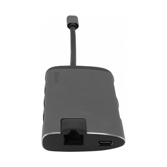 Verbatim 49142 Hub USB-C 7 Puertos con 3x USB 3.0, 1x USB-C, HDMI, Ethernet, Lector de Tarjetas SD/microSD, Pasivo, Negro/Gris, Aluminio