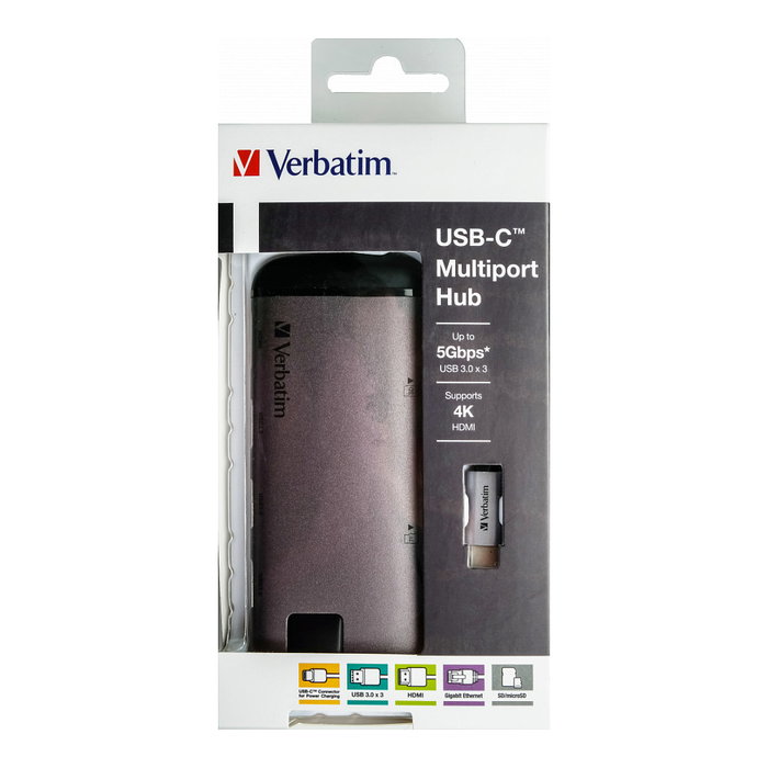Verbatim 49142 Hub USB-C 7 Puertos con 3x USB 3.0, 1x USB-C, HDMI, Ethernet, Lector de Tarjetas SD/microSD, Pasivo, Negro/Gris, Aluminio