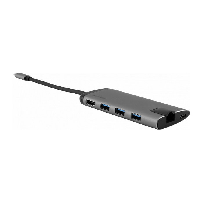 Verbatim 49142 Hub USB-C 7 Puertos con 3x USB 3.0, 1x USB-C, HDMI, Ethernet, Lector de Tarjetas SD/microSD, Pasivo, Negro/Gris, Aluminio