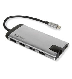 Verbatim 49142 Hub USB-C 7 Puertos con 3x USB 3.0, 1x USB-C, HDMI, Ethernet, Lector de Tarjetas SD/microSD, Pasivo, Negro/Gris, Aluminio
