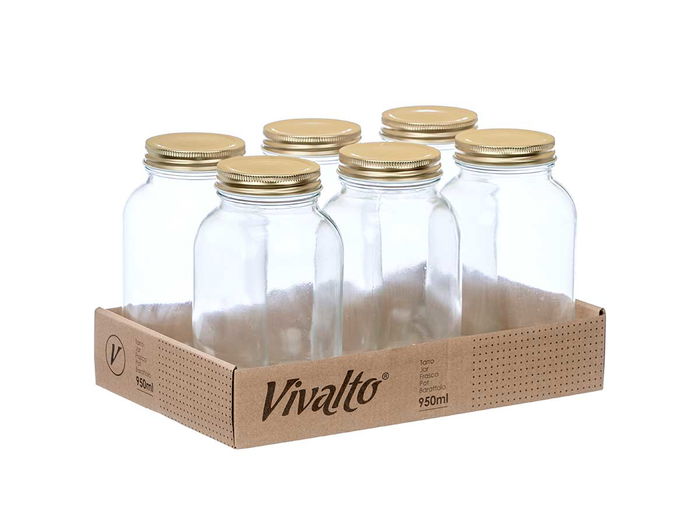 Vivalto Tarro Conserva 950 ml Vidrio y Plástico Transparente y Oro 9 x 18 x 9 cm (Set de 12)