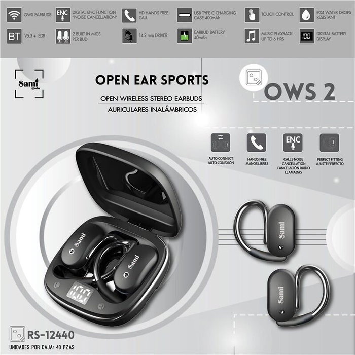 SAMI Auriculares Inalambricos OWS 2 Deportivos con Cargador, Silicona, Aro, Pantalla LCD, Bateria 40mAh, Bluetooth TWS