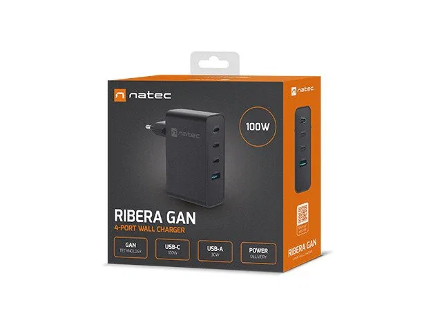Natec Ribera GaN 100W USB-A + 3x USB-C Negro