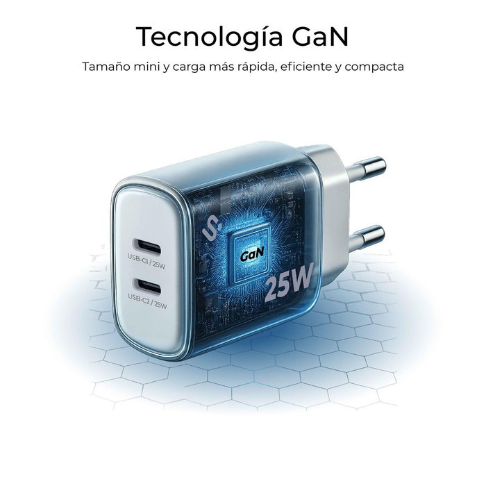 Subblim Cargador de Pared GaN 25 W con Doble Puerto USB-C Blanco