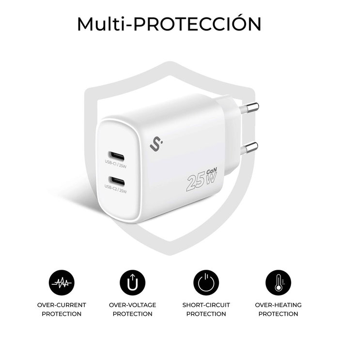 Subblim Cargador de Pared GaN 25 W con Doble Puerto USB-C Blanco
