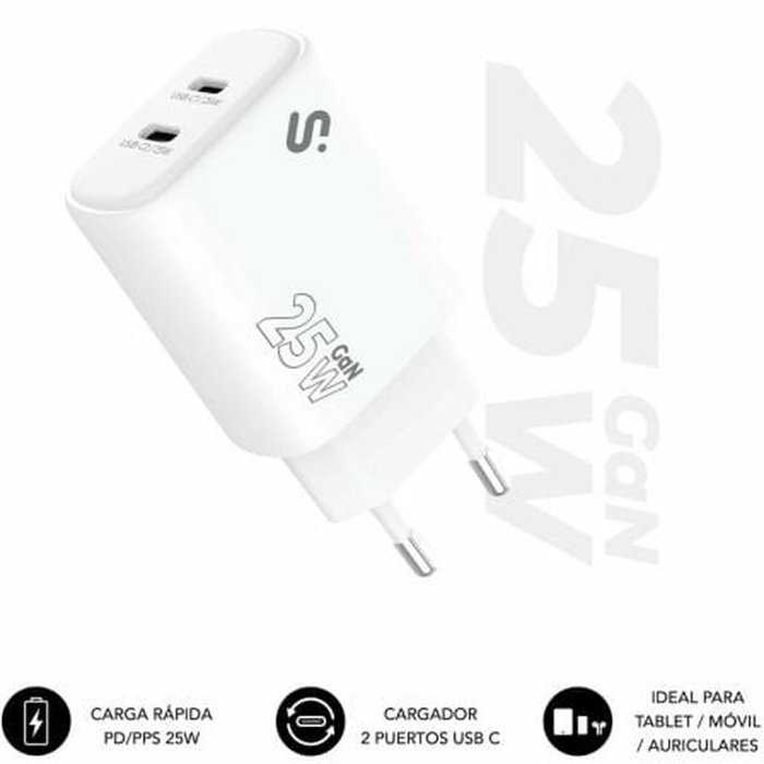 Subblim Cargador de Pared GaN 25 W con Doble Puerto USB-C Blanco