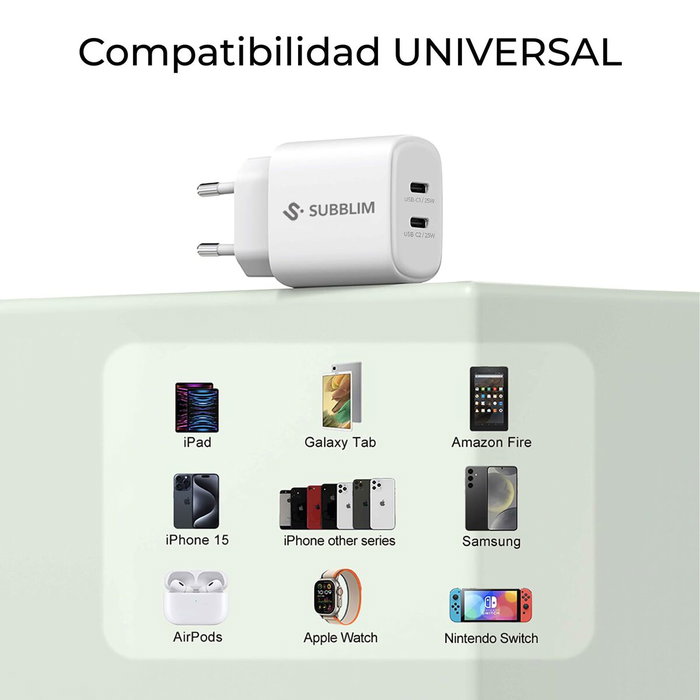 Subblim Cargador de Pared GaN 25 W con Doble Puerto USB-C Blanco