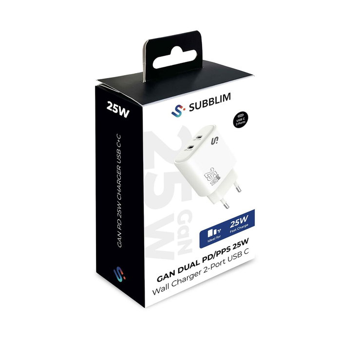 Subblim Cargador de Pared GaN 25 W con Doble Puerto USB-C Blanco