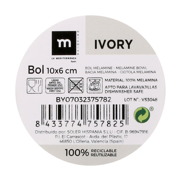 La Mediterranea Bol Melamina Ivory 10 cm x 6 cm (24 Unidades)