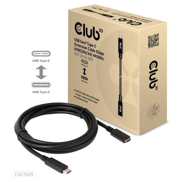 Club 3D Cable USB 3.2 Tipo C de 2 metros, Extensión, 5 Gbps, Negro y Azul