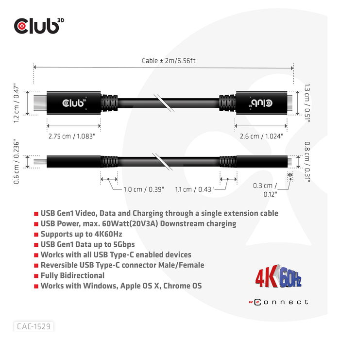 Club 3D Cable USB 3.2 Tipo C de 2 metros, Extensión, 5 Gbps, Negro y Azul
