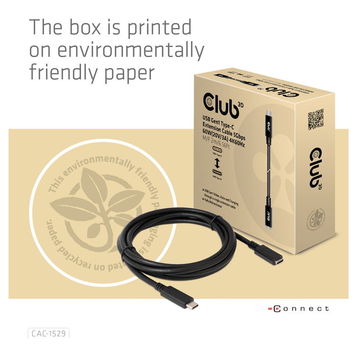 Club 3D Cable USB 3.2 Tipo C de 2 metros, Extensión, 5 Gbps, Negro y Azul