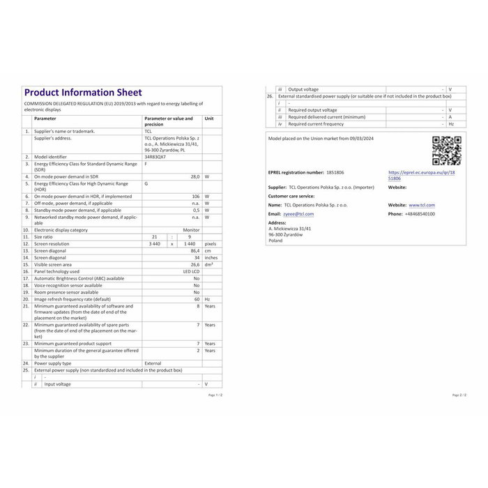 Monitor TCL 34R83Q LCD 37"