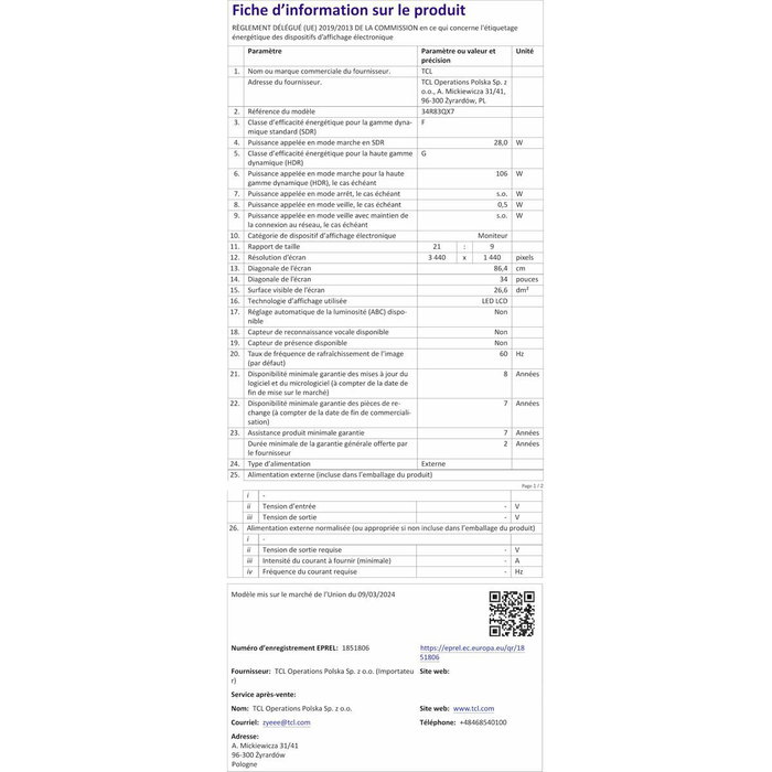 Monitor TCL 34R83Q LCD 37"