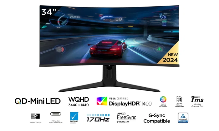 TCL 34R83Q Monitor Gaming Curvo 34" (94 cm) UWQHD 3440x1440 Fast VA 170Hz 1ms NVIDIA G-Sync AMD FreeSync HDR10 Ajuste en Altura USB-C 90W